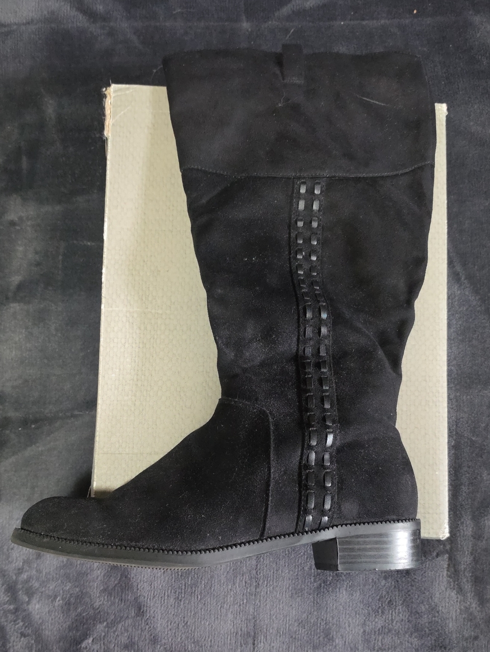 Maurices Black Suede Mid-Calf Boots with Ladder Trim